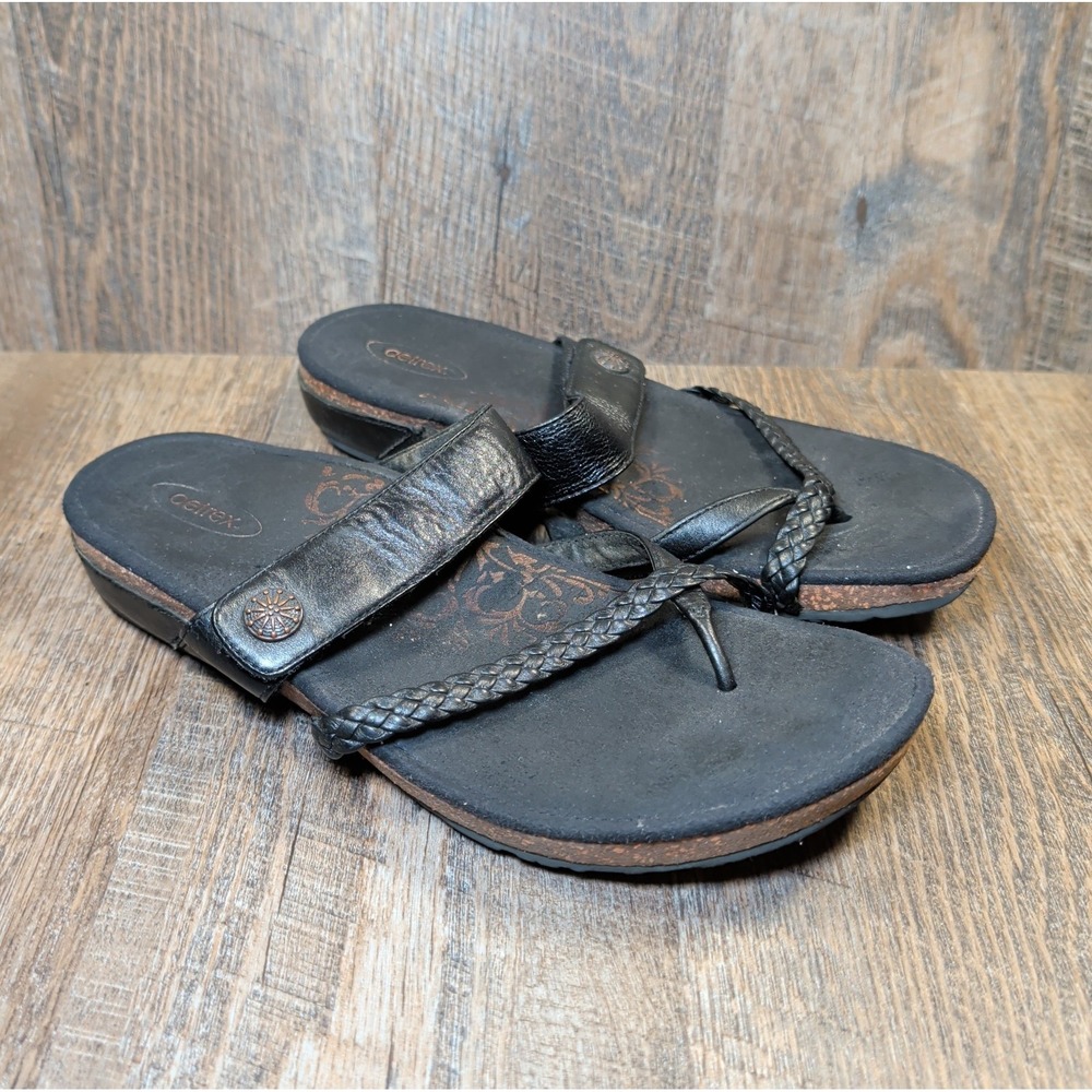 Aetrex Lena Braided Slide Flip Flop Thong Sandal Womens Black Leather Size 10